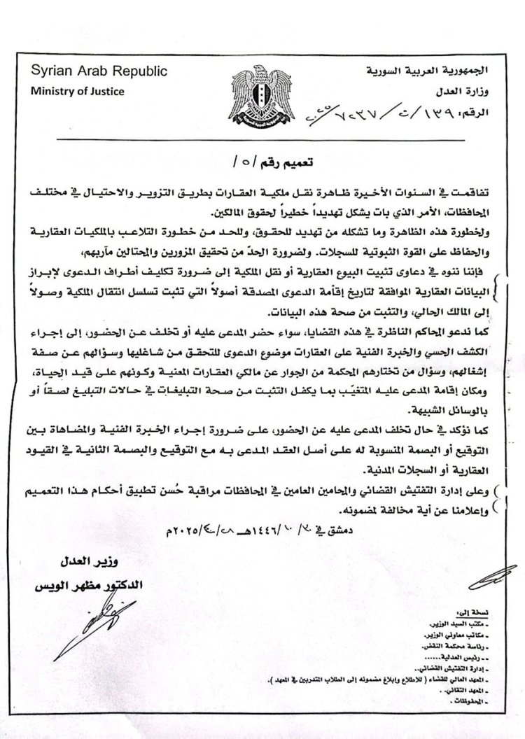 تعميم بخصوص تحديد شروط وضوابط نقل الملكية العقارية.