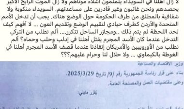 مستشارة أولى لوزير الاقتصاد في الحكومة السورية على خطى  الهجري .. تطالب بالتدخل الدولي